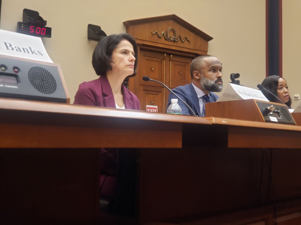 Photo of a woman with short straight brown hair sitting at a desk in the House of Representatives. She is looking straight ahead and wearing a purple blazer.