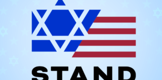 Graphic that depicts the the Israeli flag merging with the red and white stripes of the American flag. Underneath that, large black text reads "Stand Together."