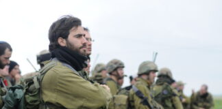 Stock photo of IDF soldiers in uniform lined up outside.