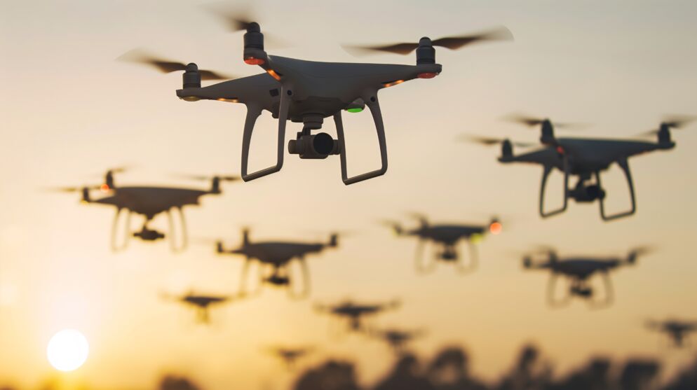 Stock photo of a swarm of drones flying in formation against a sunset sky, capturing the modern technology of unmanned aerial vehicles in a beautiful and serene setting.