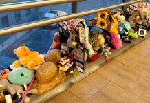 Photo of a bunch of toys, posters and flowers at an airport.