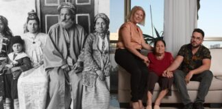 black and white family photo next to a family photo in color of a woman, an older woman and a man.