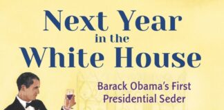 Photo of a book cover that depicts President Barack Obama standing at a dining table making a toast. About a dozen others sit at the table enjoying a Passover seder.