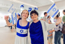 Israel Is Turning 77. Can You Celebrate in the DC Area? Photo of a girl standing next to a woman, both dressed in blue and white and holding up small Israeli flags. They are in a community indoor space with lots of Israeli flags.