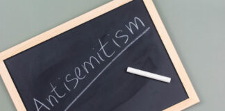 Stock photo of the word "antisemitism" written on a chalkboard with chalk.