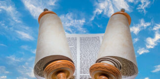 Opened Torah scrolls on the background of the sunset against the blue sky.