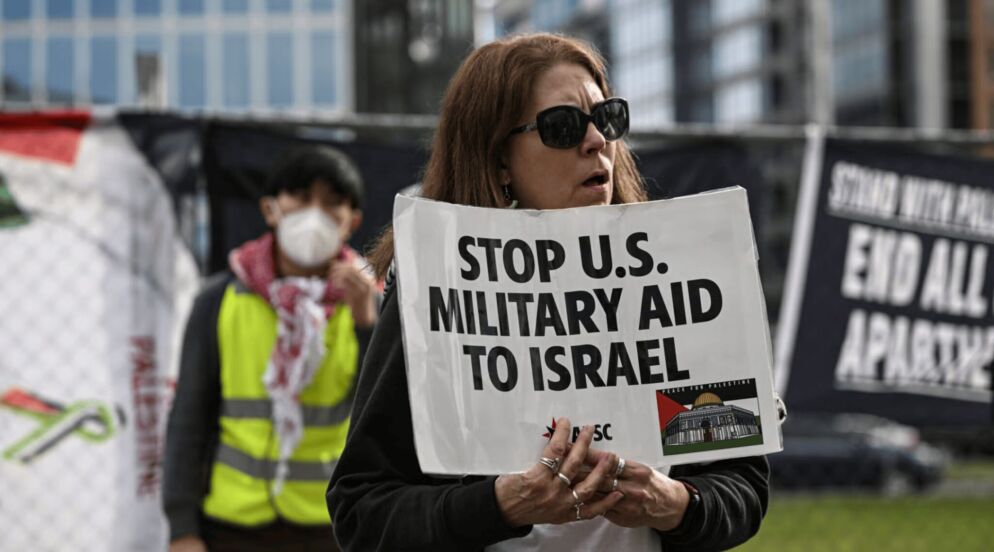 Protesters demonstrate outside the headquarters of AIPAC, the American Israel Public Affairs Committee in Washington, D.C., March 13, 2024.