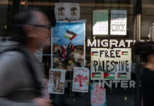 The New School in Manhattan displays anti-Israel posters in a window while protesters regularly gather outside as tensions over Israel’s war in Gaza, following the Hamas-led massacre of 1,200 people in southern Israel on Oct. 7, 2023, continue on college campuses throughout the city, May 2, 2024.