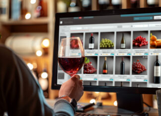A person holding a wine glass browses wine bottles online.