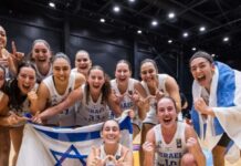 Israel’s U20 women’s basketball team celebrates its silver medal win on the court at European Championship in Lithuania July 12.