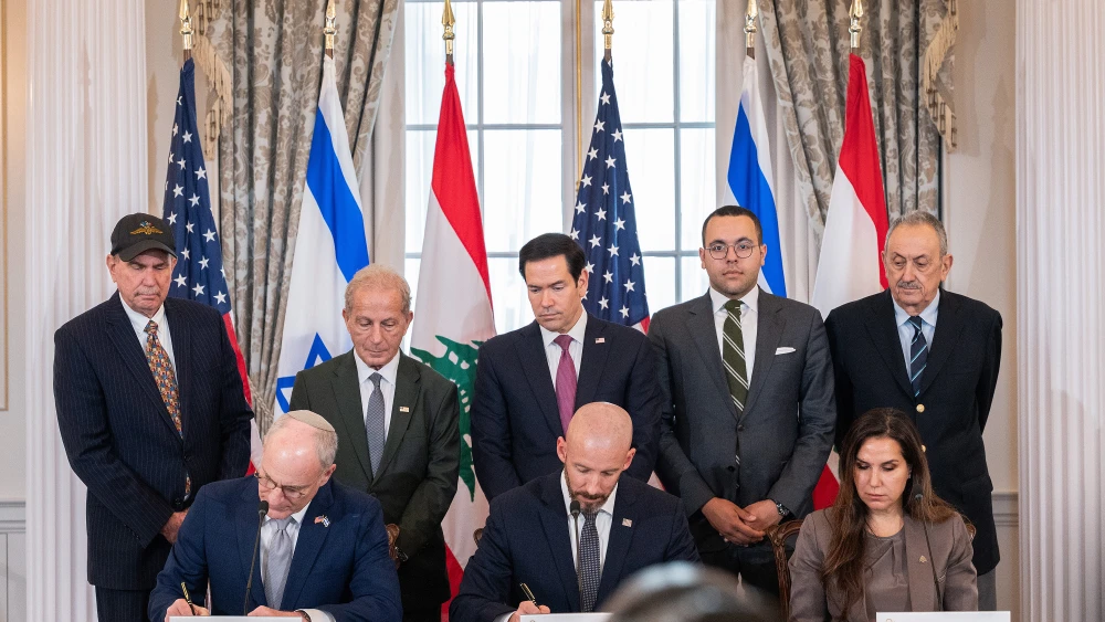 U.S. Secretary of State Marco Rubio participates in a Trilateral Framework Signing Ceremony, with State Department Counselor Dan Holler, Lebanese Ambassador to the United States Nada Hamadeh Moawad and Israeli Ambassador to the United States Yechiel Leiter, between the United States, Lebanon and Israel at the Department of State in Washington, D.C., June 26, 2026.