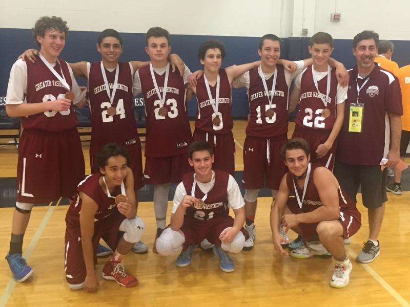 Jared Robinson, pictured far left, celebrates winning a bronze medal with the 16 and under basketball team at the JCC Maccabi Games in Dallas.Photos provided