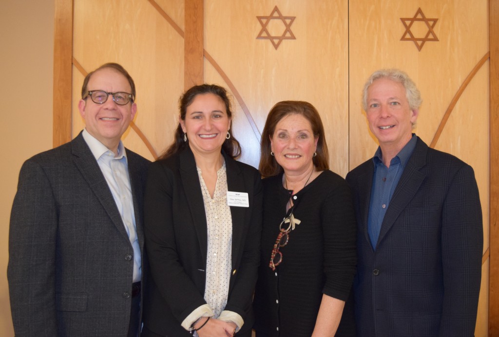 Bagel Brunch at the Hebrew Home on Feb. 21 featured a panel discussion on medical, legal and creative steps that can help older adults ease the stress of end-of-life decision-making and build a meaningful legacy for family and friends. From left, Yale Ginsburg, principal, estates and trusts at Ober Kaler; Elisa Gil-Pires, vice president, medical affairs/medical director at Charles E. Smith Life Communities; Catherine Zacks Gildenhorn, editor of Redefining Moments: End of Life Stories for Better Living by Gordon B. Zacks; and Joe Hoffman, chair of Charles E. Smith Life Communities.Photo courtesy of Charles E. Smith Life Communities 