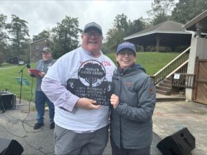 Photo of a man and a woman with glasses and hats smiling and holding a sign that reads "People's Choice Award."