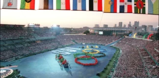 A general view of the Olympic Stadium as performers form the Olympic rings and the number 100 during the opening ceremony of the Centennial Olympic Games in Atlanta, July 19, 1996.