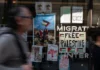 The New School in Manhattan displays anti-Israel posters in a window while protesters regularly gather outside as tensions over Israel’s war in Gaza, following the Hamas-led massacre of 1,200 people in southern Israel on Oct. 7, 2023, continue on college campuses throughout the city, May 2, 2024.
