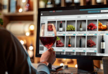 A person holding a wine glass browses wine bottles online.