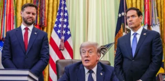 U.S. Secretary of State Marco Rubio attends working-level peace talks with Israel and Lebanon at the White House, April 23, 2026.