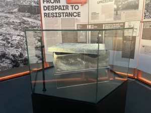 A metal container used to bury documents from the secret Oneg Shabbat archive in the Warsaw Ghetto, on display at the Museum of Jewish Heritage in New York City Sept. 17.