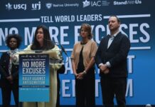 Devorah Halberstam, whose son Ari was killed in a terror attack in 1994, addresses the crowd at a rally outside the United Nations.